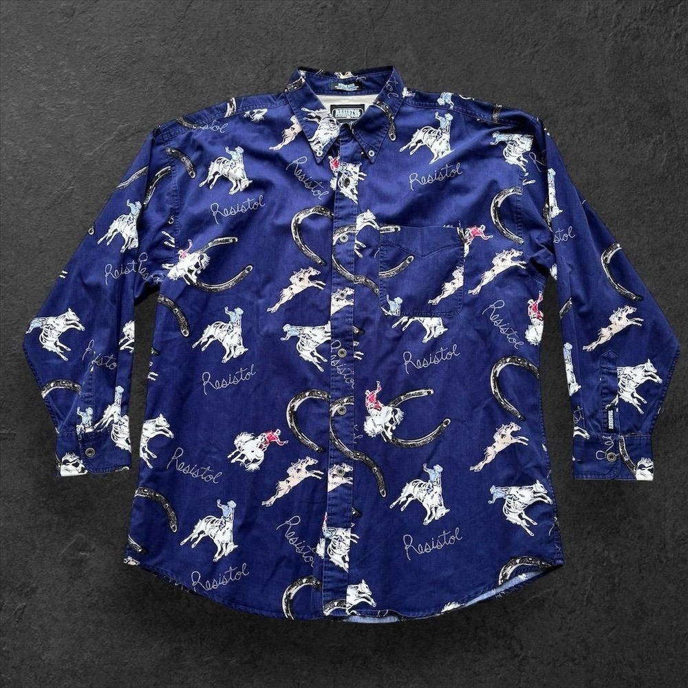 Resistol‎ Rodeo Gear  Men's XL Blue Graphic Print Western Button-Up Shirt